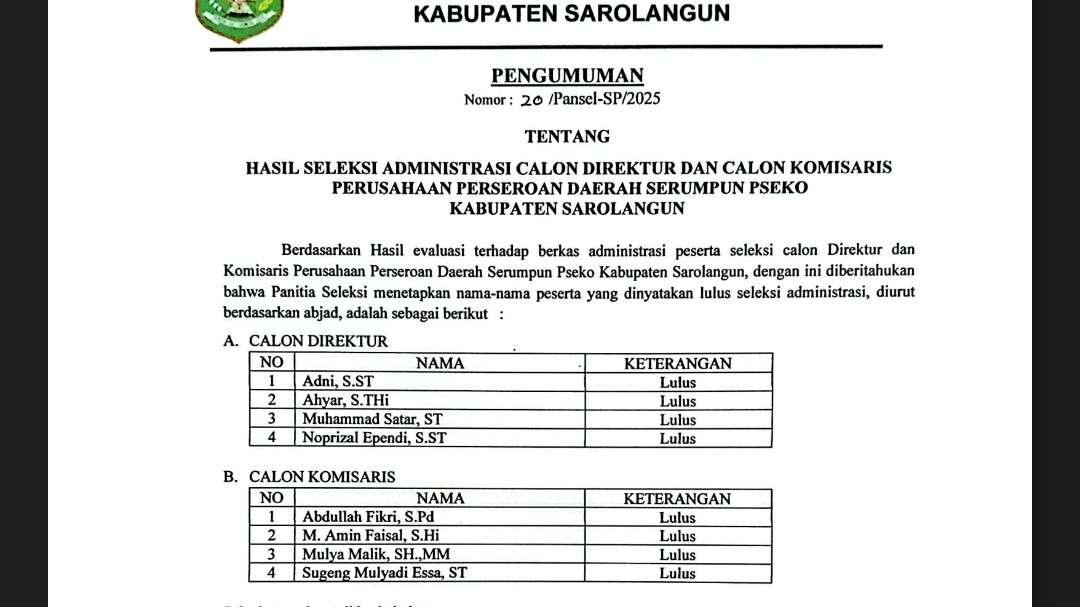 Pansel Umumkan Delapan Pelamar Lulus Seleksi Administrasi Calon Direktur dan Calon Komisaris Persorada Serumpun Pseko Tahun 2025